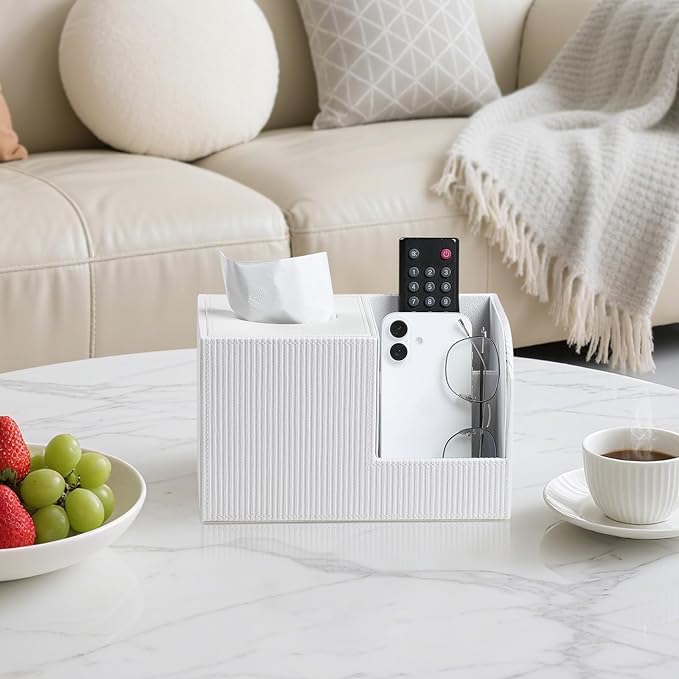 Square Tissue Box Cover with 2 Compartments Storage Organizer, PU Leather Tissue Box Holder with Remote Control Holder for Livingroom Nightstand, Multifunctional Cube Tissue Holder (White)