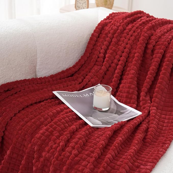 Puncuntex Flannel Fleece Throw Blanket Red 90"×90",Super Soft Plush Cozy Blanket with Square Grid Design Luxury for Couch Sofa Chair