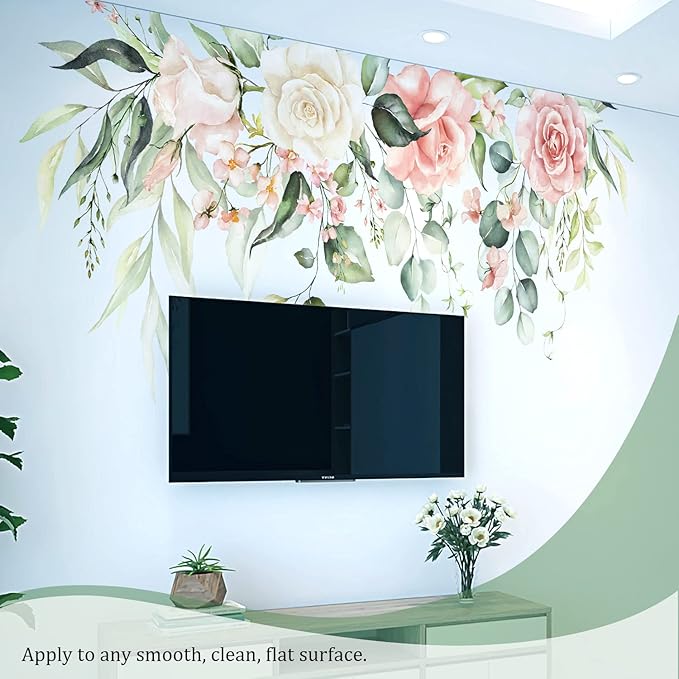 Flowers Leaves Wall Decals Peel and Stick, Large Hanging Floral Vinyl Wall Stickers, Removable Vine Home Decor Art for Bedroom Living Room Classroom Office