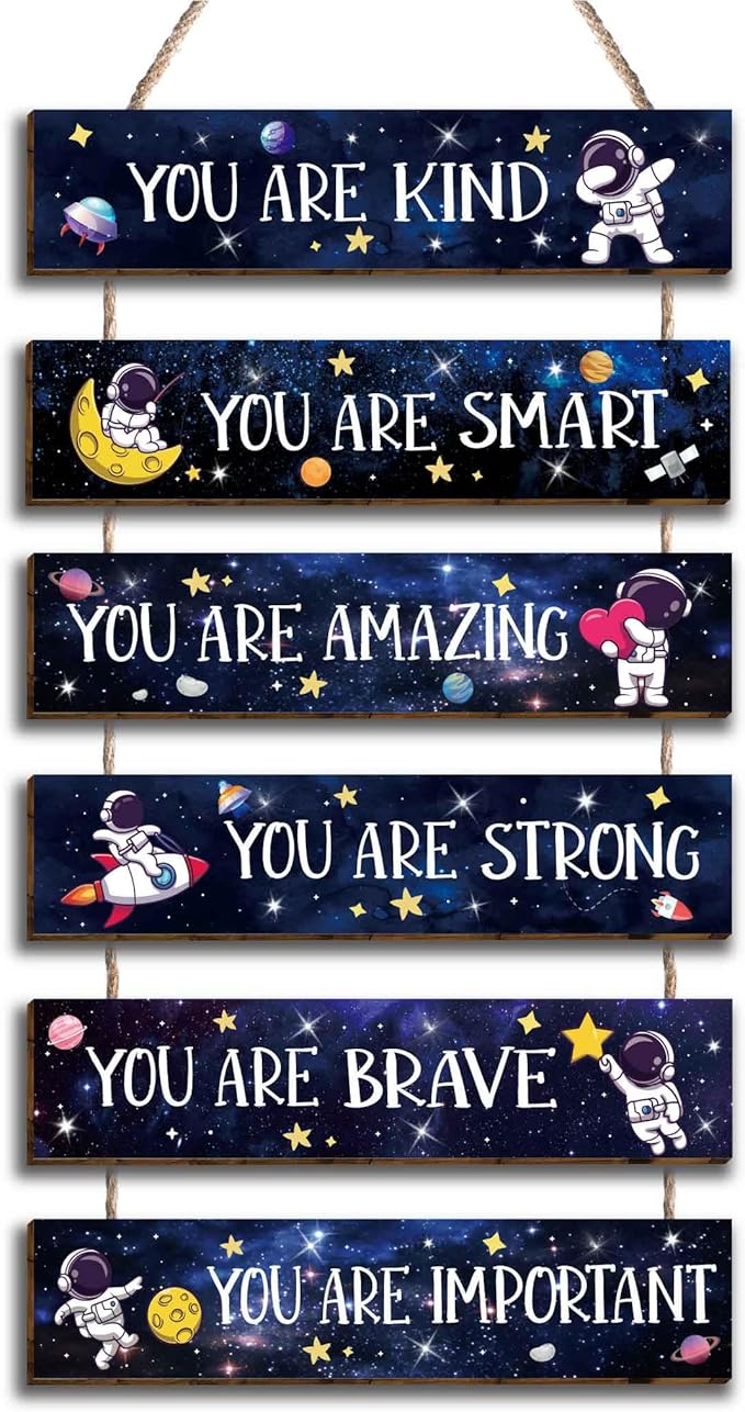 6 Pcs Space Astronaut Inspirational Quotes Kids Room Decor, Outer Space Posters Motivational Hanging Plaque Sign for Boys Kids Playroom Classroom Teens Children Bedroom Princess Toddler