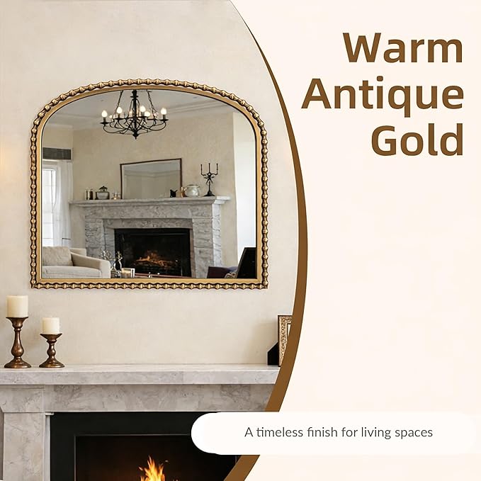 40x30 Inch Wide Arch Wall Mirror, Antique Gold Beaded Frame, Large Horizontal Mantel Mirror for Fireplace, Living Room or Sofa Wall, Decorative Wall Mounted Mirror