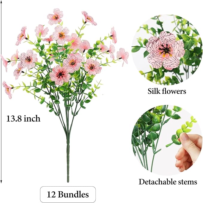 Artificial Flowers Outdoor Faux Plants UV Resistant Fake Patio Flowers Plastic Greenery Plnats Outside Bulk for Spring Garden Hanging Planter Home Vase Decor, 12 Bundles (Pink)