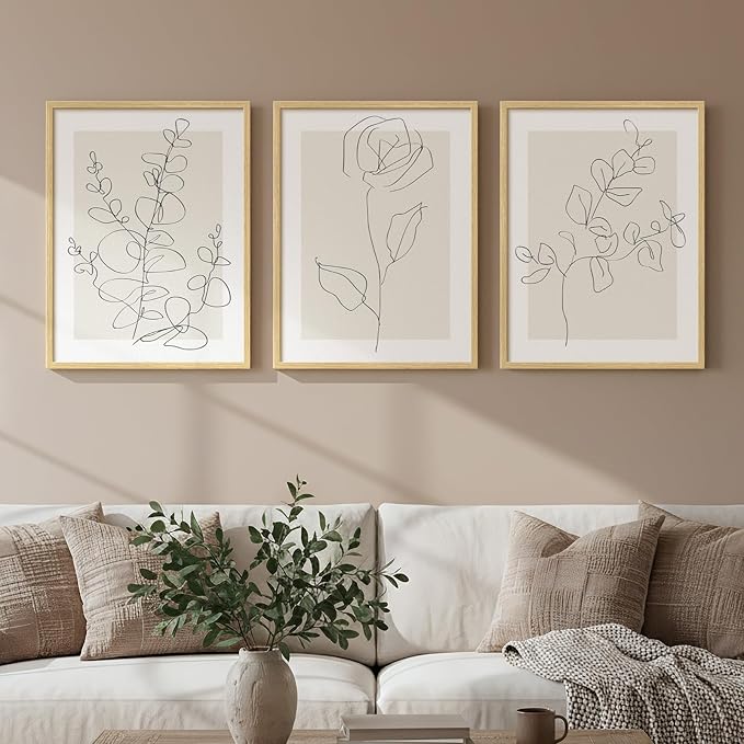 Framed Floral Art Bedroom Wall Art, 3 Piece Neutral Botanical Line Artwork for Walls, Minimalist Flower Leaf Picture Prints, Beige Botanical Painting for Living Room Kitchen Hallway Office, 12x16 Inch