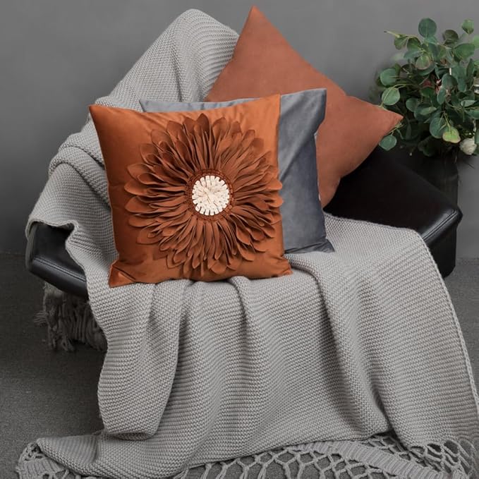 OiseauVoler 3D Sunflower Throw Pillow Cover Decorative Handmade Pillowcases for Couch Farmhouse Living Room Decoration 18x18 Inch Burnt Orange