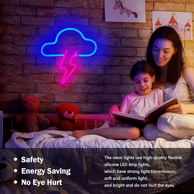 Neon Sign LED Cloud Lightning Neon Signs for Wall Decor Hanging Battery or USB Powered Light Up Neon Lights for Bedroom Aesthetic Kids Room Living Room Bar Party Christmas Wedding Pink