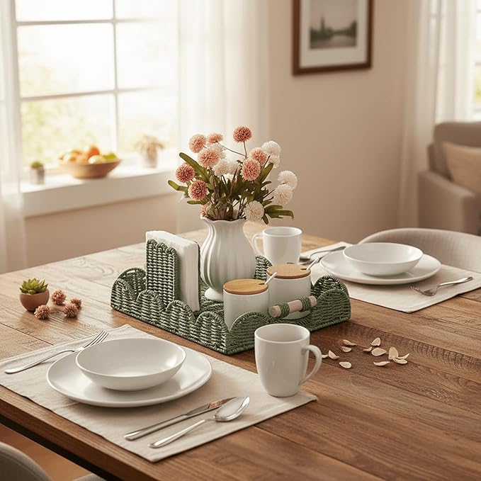 CubesLand Rectangular Scalloped Decorative Centerpiece Tray for Coffee Table, Home Decor, Living Room - Green Tray w/Wooden Handle – Warm and Elegant for Holidays, Housewarmings - Candle Plate Holder