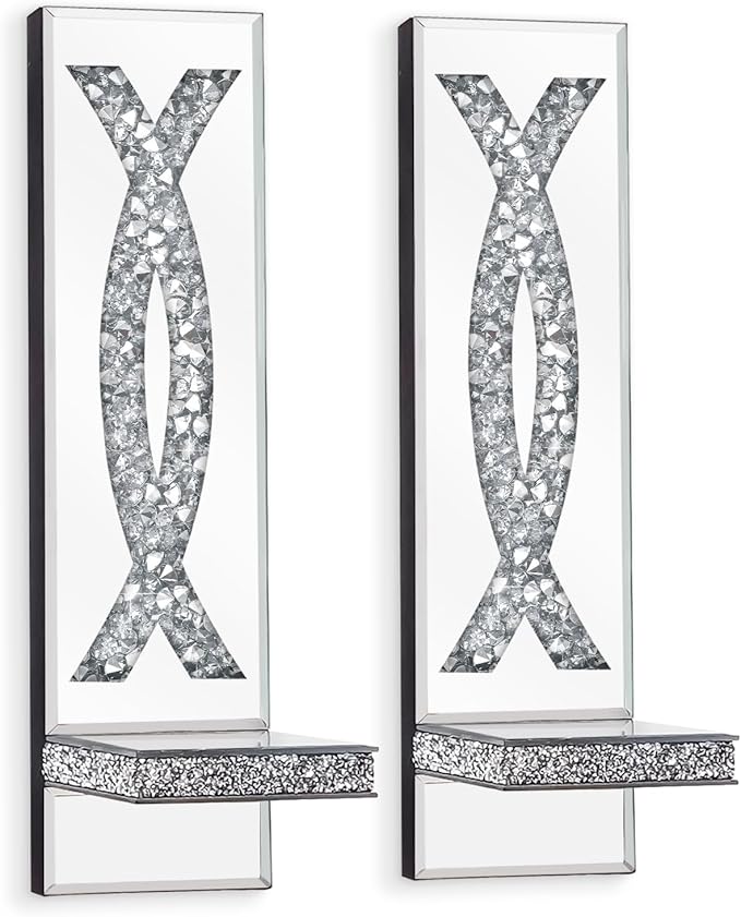 Crystal Crushed Diamond Mirrored Candle Sconces Set of 2 Silver Glass Wall Candle Holder Bling Wall Decorations for Home Decor Living Room Dining Room Bedroom