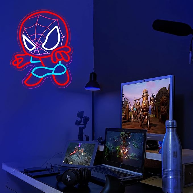 LED Spider Neon Sign for Wall Decor, Dimmable Anime Light Up Display, Kids Bedroom Game Room Decoration, 12.2x15.7 Inch