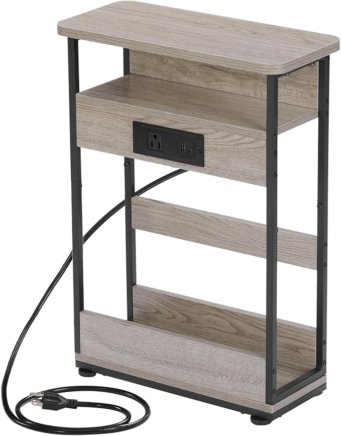 Narrow Side Table with Charging Station, 3-Tier End Table with 2 USB Ports & Power Outlets,Thin Sofa Side Table for Narrow and Small Spaces, Bedside Table Nightstand for Living Room,Oak