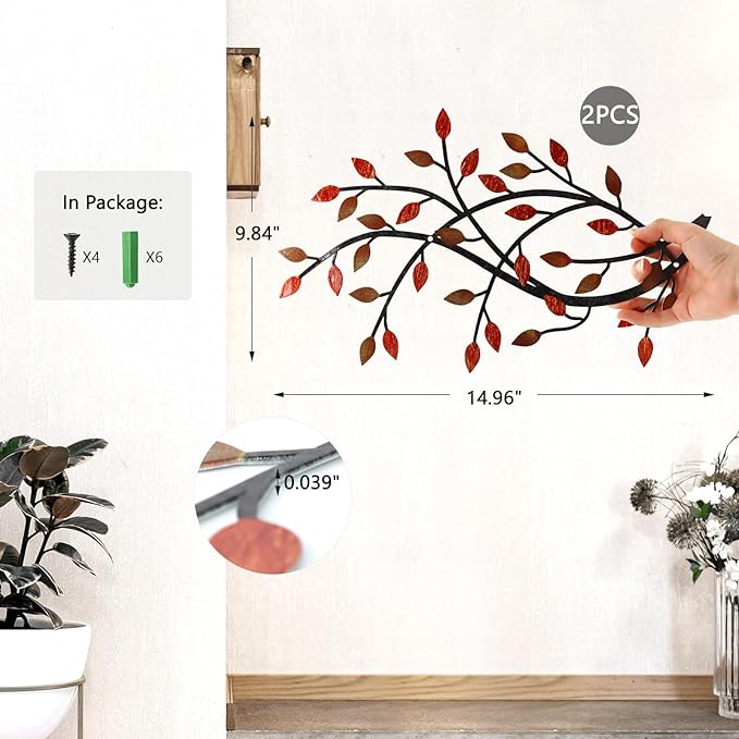 Meltset Metal Tree Leaf Wall Decor, Vine Olive Leaf Branch Wall Art, Wrought Iron Scroll Artwork, Decorative Wall Sculptures Above The Bed, Living Room, Hallway, Indoor and Outdoor（S/Red）
