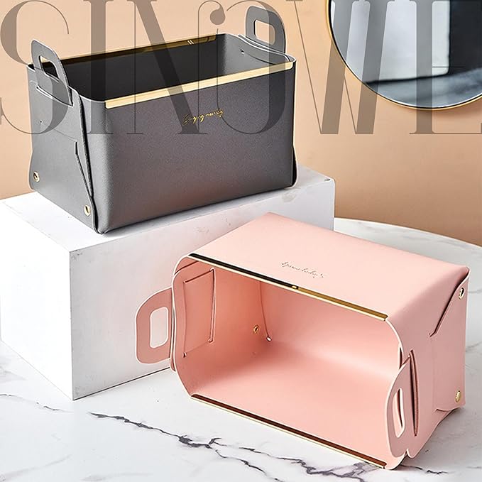 Decorative Faux Leather Basket,Small Catchall Basket for Entryway Bedside Dresser End table,Collapsible Rectangle Tray Organizer Box (Pink)