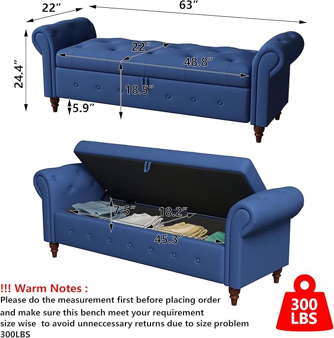 Aoowow Rolled Arm Storage Benches for Bedroom End of Bed Ottoman Bench 63" Long Bench with Storage and Seating for Living Room,Entryway,Window,Button Tufted with Solid Wood Legs (Linen Navy Blue)