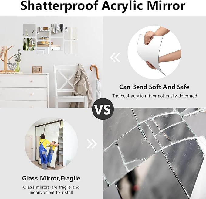 Wall Stickers - Unbreakable Self-Adhesive Mirror Tiles for Bedroom, Home, Gym, Door - Acrylic Shatterproof Sheets, Panels (8x8 Inch, 4 Pcs)