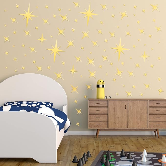 Zonon 82 Pieces Mirror Wall Stickers Star Wall Decals Decor Removable 3D Acrylic Mirror Star Setting Sticker for Ceiling Home Bedroom Living Room Girls Room Decor(Gold)