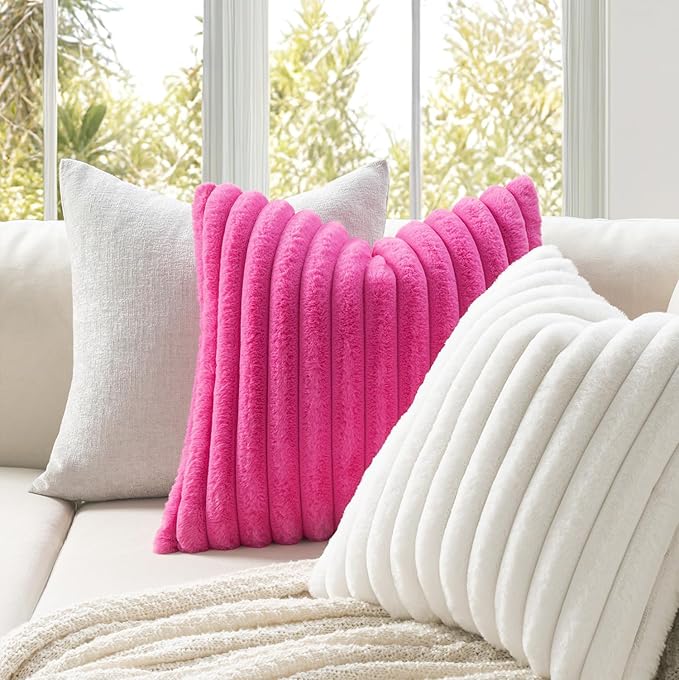 MIULEE Faux Fur Lumbar Decorative Throw Pillow Covers 12x20 Inch Set of 2, Retro Vintage Boho Spring Home Decor Soft Plush Couch Pillows Cozy Fluffy Cushion Covers for Sofa Bed Hot Pink