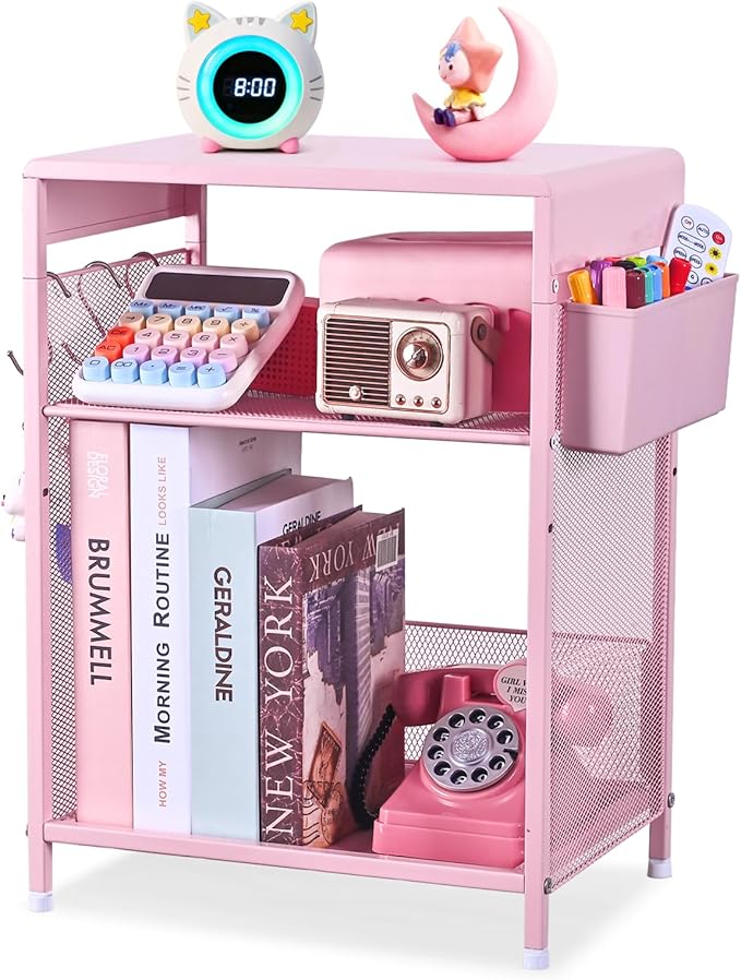 Kids Nightstand, 3-Tier Metal Side Table with Adjustable Storage Shelf, Basket & 3 S-Hooks, Small Bedside Table for Nursery, Toddler Bedroom and Small Spaces (Pink)
