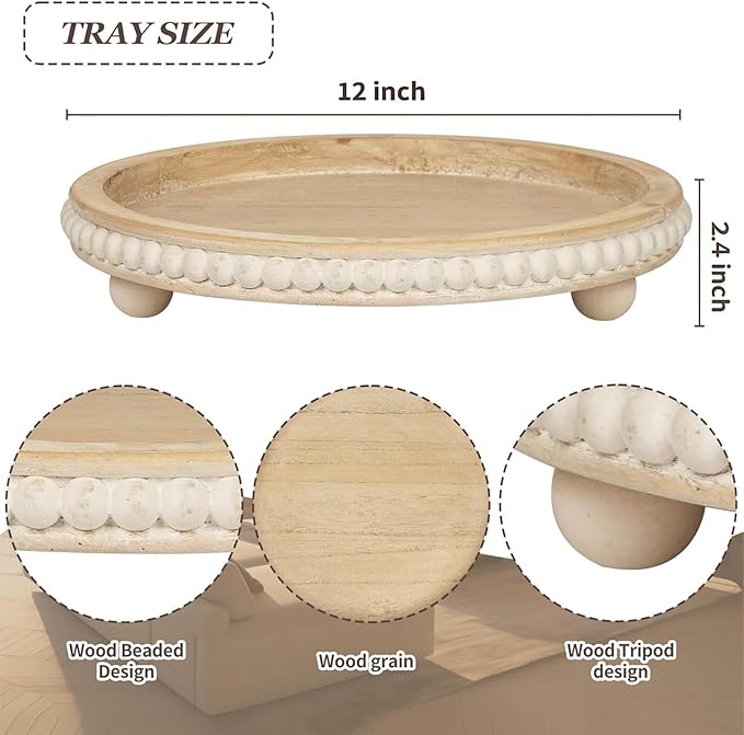Decorative Coffee Table Tray, Round Wooden Tray Decor Log Beaded Distressed Rustic Farmhouse Centerpiece for Living Room Entryway Kitchen Counter Candle Holder Organizer