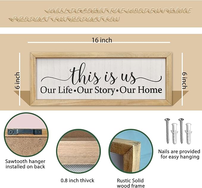 comurdyo Minimalist Family Quote This Is Us Sign Wall Art 16×6 Inch Our Life Story Home Plaque for Entryway Bedroom Home office Small Vintage Framed Rustic Wooden Hanging Wall Decor (Wood)