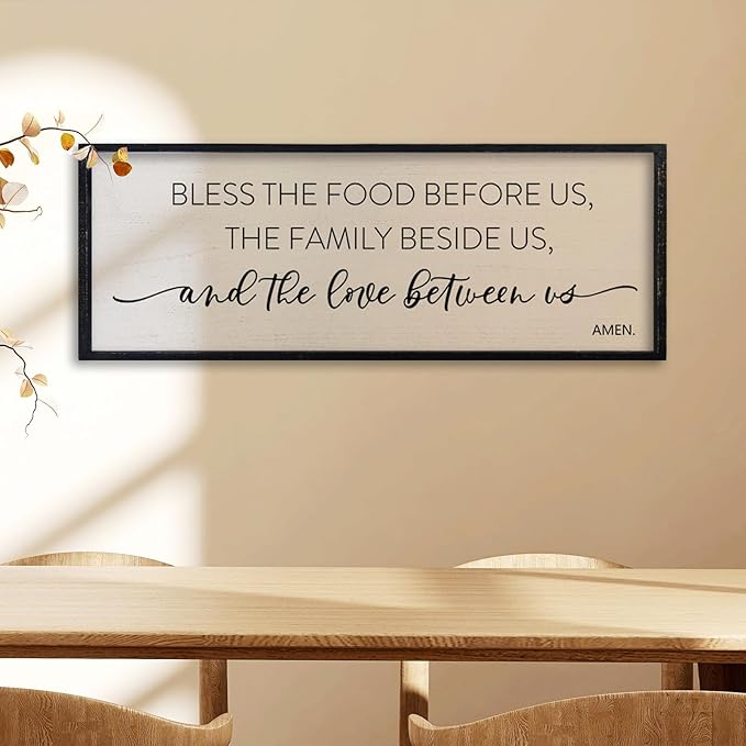 comurdyo Bless the Food Before Us Sign, 32" X 12" for Dining Room Kitchen Large Vintage Wall Decor, Farmhouse Christian Scripture Wooden Framed Religious Wall Hanging Art (Black)