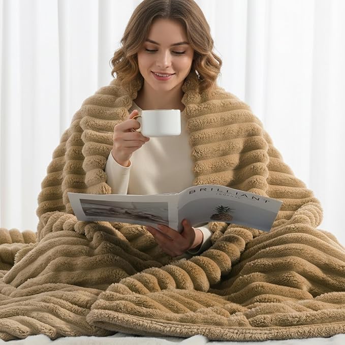 decorUhome Soft Fleece Brown Twin Blanket for Bed, Cozy Fluffy Plush Flannel Striped Throws for Couch Sofa, Lightweight Decorative Ribbed Fuzzy Blanket for Woman, 60x80 Inches
