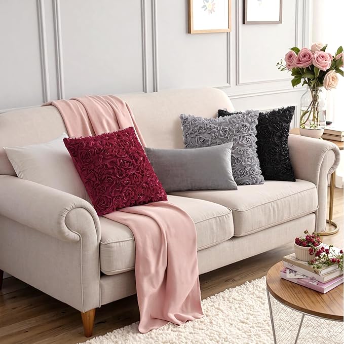MIULEE 3D Rose Flower Pillow Cover Decorative Spring Floral Romantic Stereo Chiffon Aesthetic Solid Pillowcase for Girl Bedroom Living Room Decor 12x20 Inch Grey