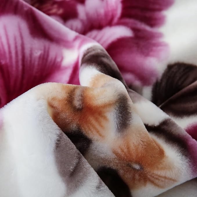 JYK Korean Style Mink Fleece Blanket King Size 83'' x 91'', 5.7 Pounds - 2 Ply Reversible Silky Soft Plush Warm, Comfy Bed Blanket, Luxurious Blanket for All Seasons - Blue/Purple Peony