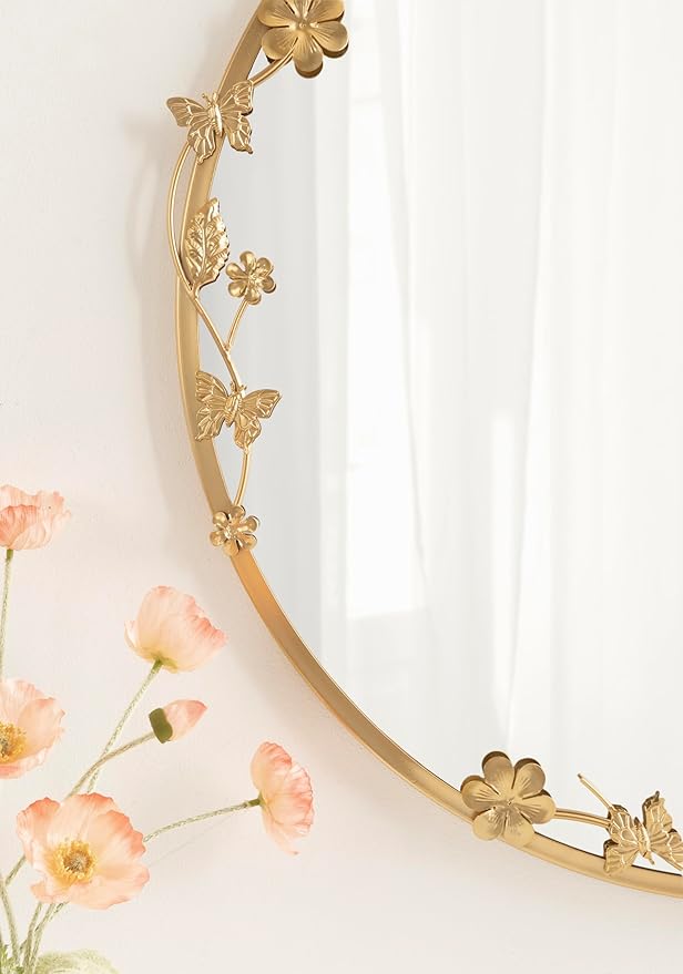 Kate and Laurel Rosella Modern Ornate Round Wall Mirror, 26 Inch Diameter, Gold, Circle Mirror with Floral Detailing for Use as Bathroom Mirror for Over Sink or Cute Dorm Room Decor