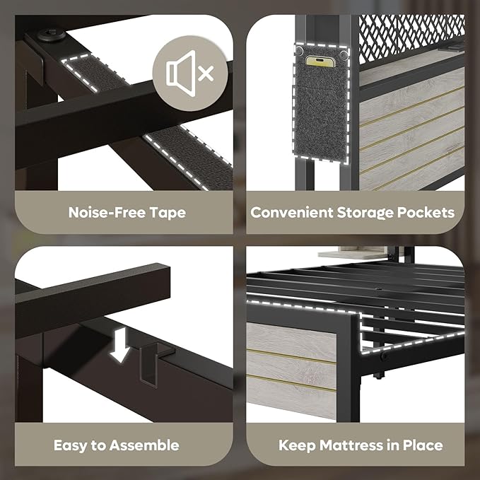 Bestier King Bed Frame with Horizontal Golden Stripe Storage Headboard&LED Nightstands, Metal Platform Bed with Charging Station, Heavy Duty Metal Slats, No Box Spring Needed, Noise Free(Grey Oak)