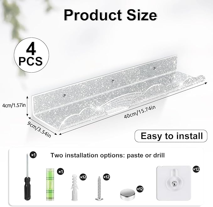 Rainbow Glitter Acrylic Floating Shelves, 15.7" Wall Mounted Nursery Bookshelves, Display Ledge for Books Toys Cosmetic Storage, Bathroom Bedroom Living Room Wall Organizer, 4 Pack, Silver