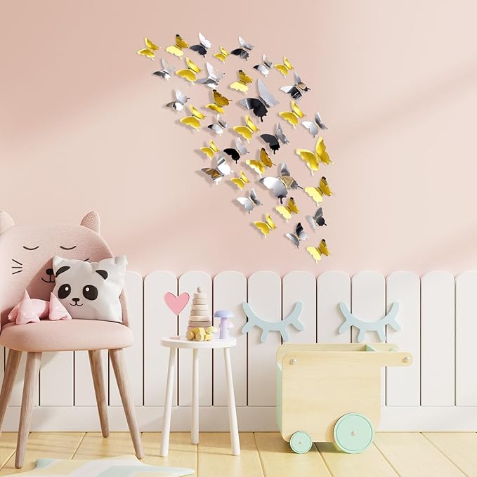 BBTO 48 Pieces Butterfly Wall Decor DIY 3D Mirror Butterfly Stickers Removable Decals Crafts for Birthday Party Bedroom School Bathroom Living Room Decor(Gold,Silver)