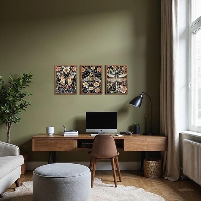 Retro Insect Wall Art Set of 3, Butterfly Bee Dragonfly Gothic Botanical Prints, Rustic Nature Animal Canvas Wall Decor for Living Room Bedroom Office Farmhouse Home Decor 24x16In Wood Framed