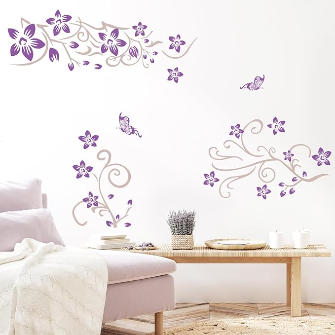 Supzone Flowers Vine Wall Decals - Purple Flowers Stickers With Butterflies, Removable Vinyl DIY Home Art for Bedroom, Living Room, Sofa Backdrop, TV Decoration