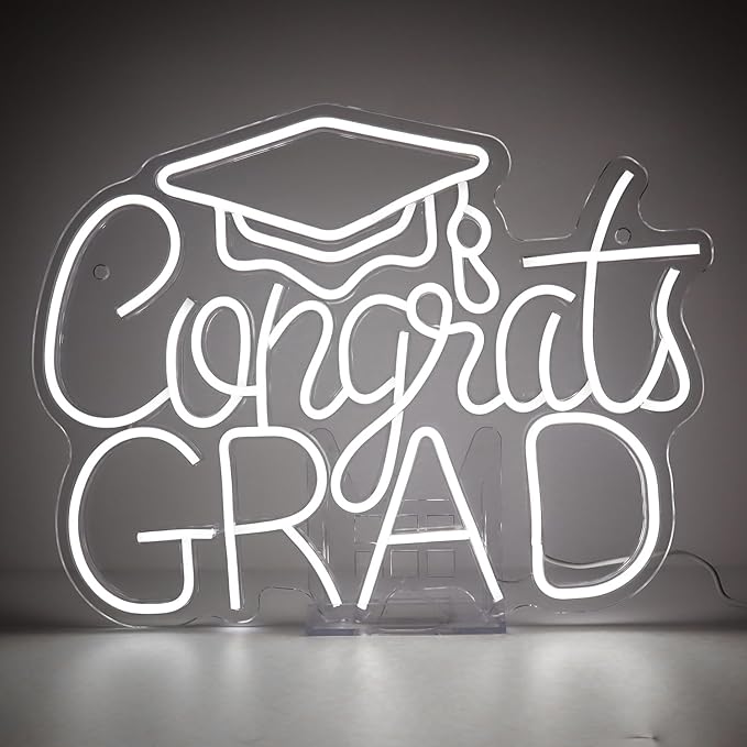 “Congrats Grad” White Neon Sign – 16.5×12.6 in Crisp LED Backdrop for Grad Photos, 6000K Bright Light, Dimmable with Wired Dimmer, Includes Wall Anchors – Tech Grad Gift
