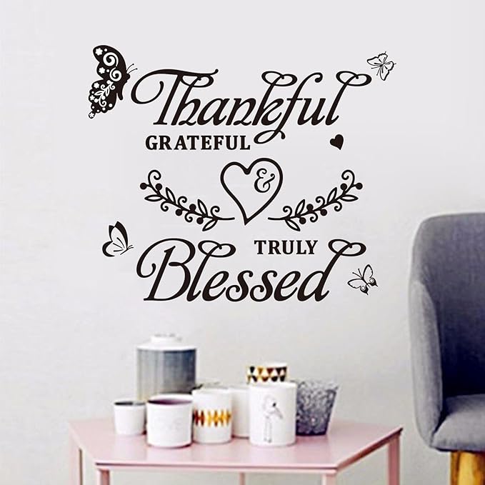Family Wall Stickers for Living Room: Inspirational Home Quotes Vinyl Art Wall Decals for Kitchen Dining Room Bedroom Bathroom Apartment - Thankful Grateful Blessed 18" X 15"