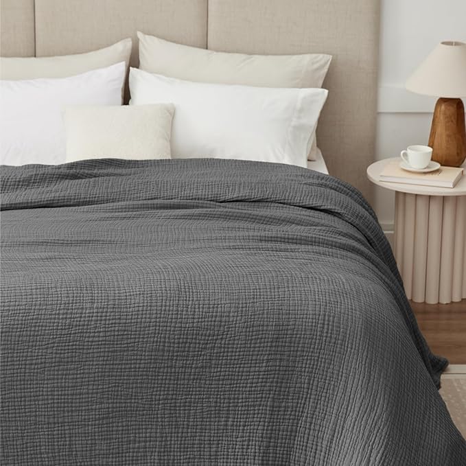 100% Cotton Muslin Blanket Large 50" x 70", Breathable and Lightweight Cotton Throw Blanket for Bed and Couch, Soft Cooling Summer Gauze Blanket for Adults All Season, Dark Grey