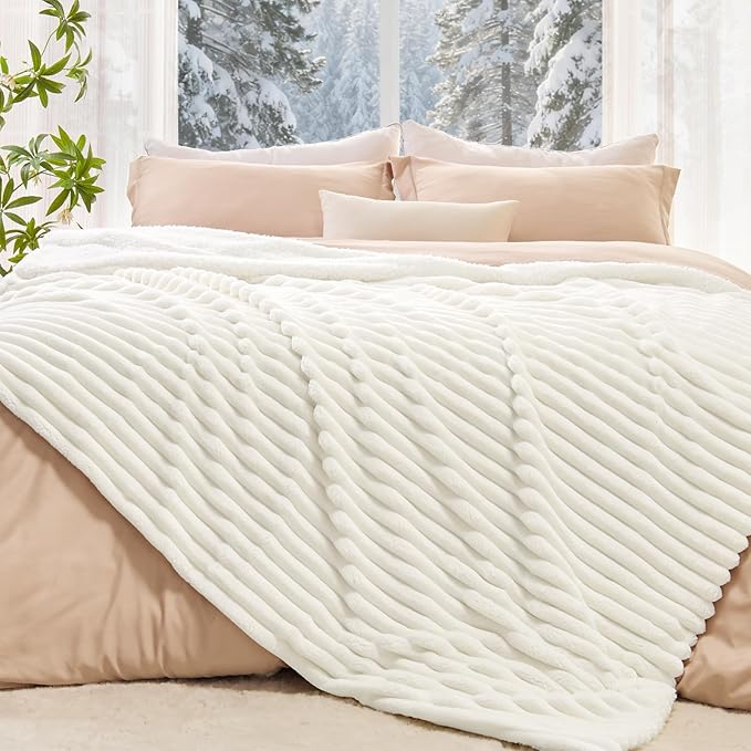 INFIIXSO Sherpa Fleece Queen Size Blanket - Super Soft & Warm Striped Fleece, Cozy Plush Fluffy Large Bed Blanket All Season Use (Cream, 90x90 Inches)