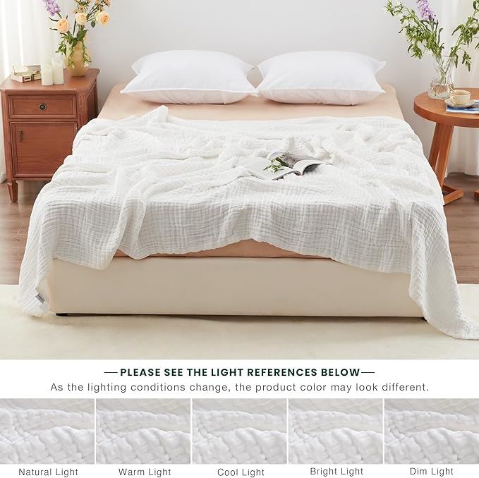 Love's cabin 100% Cotton Muslin Blanket, 6 Layer Lightweight Breathable Gauze King Size Blanket 108 x 90 Inches, Soft Summer Blanket for Bed, White