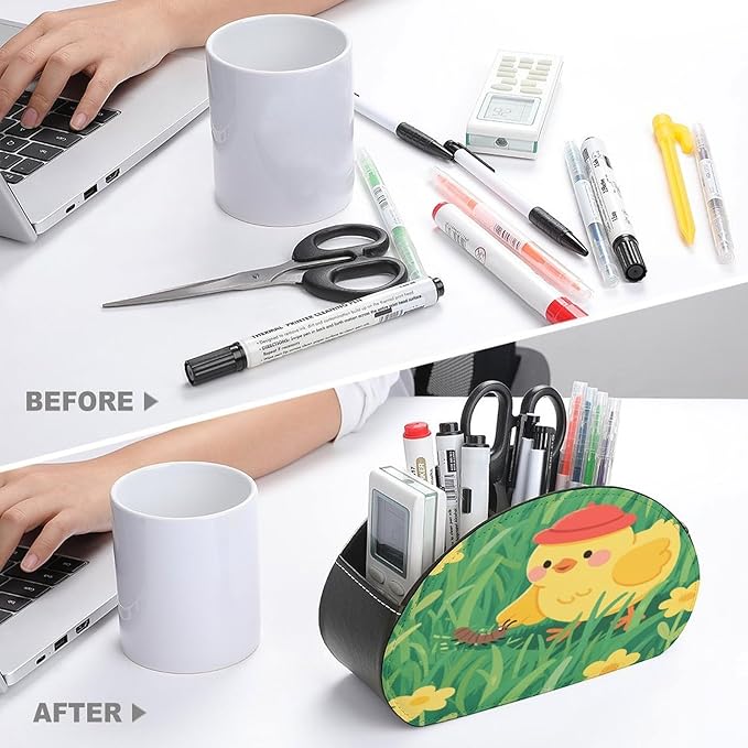 Yellow Chick in Grass Remote Control Holder Organizer Box with 5 Compartment PU Leather Bedside Storage Caddy Remote Organizer for Controller Media Player Pen/Pencil Storage