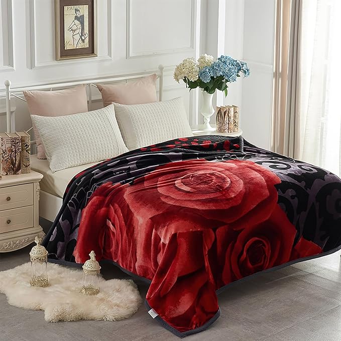 JYK Korean Faux Mink Fleece Blanket 83" X 91", 5.7 LB - 2 Ply Reversible Soft Warm Plush Flannel Blanket, A&B Pattern Printed Embossed Microfiber Blanket for All Seasons, (Roses & Lilies Black, King)