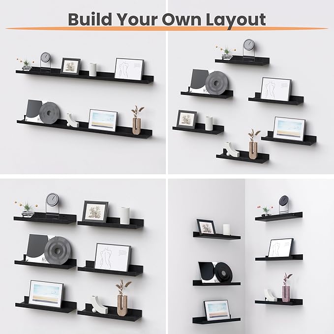 upsimples Floating Shelves for Wall, Wall Shelves for Decor Storage Set of 6, Wall Mounted Wood Shelf for Bedroom, Living Room, Bathroom, Kitchen, Picture Ledge Shelf, Black