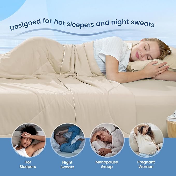 Cozy Bliss Cooling Comforter Queen Size, Cooling Blankets for Hot Sleepers and Night Sweats, Khaki Summer Comforter for Queen Size Bed, Breathable Soft Lightweight Silk Smooth
