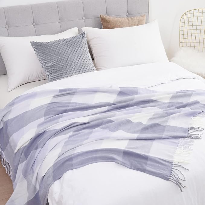 David's Home Buffalo Plaid Throw Blanket- Soft Lightweight Tartan Checker Blanket with Decorative Tassels for Couch Sofa-Outdoor Fringe Lap Throw-Farmhouse Style-50x60 Inches-White+Greyish Blue/Purple