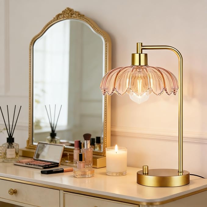 Glass Table Lamp Set of 2,Small Gold Bedside Lamps Dimmable Boho Bedroom Lamp with Tulip Flower Amber Lamp Shade,Vintage Mid Century Modern Mini Nightstand Lamp for Bedroom Living Room