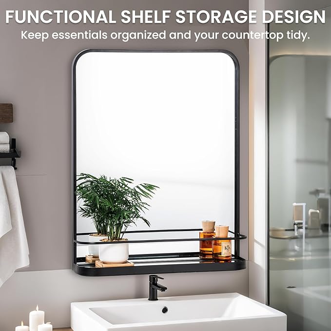 VASUHOME Black Bathroom Mirror with Shelf - Bathroom Vanity Mirror with Metal Frame with Rounded Corners - 26.8" x 21.3" - Perfect for Living Room, Bedroom, Bathroom, Entryway