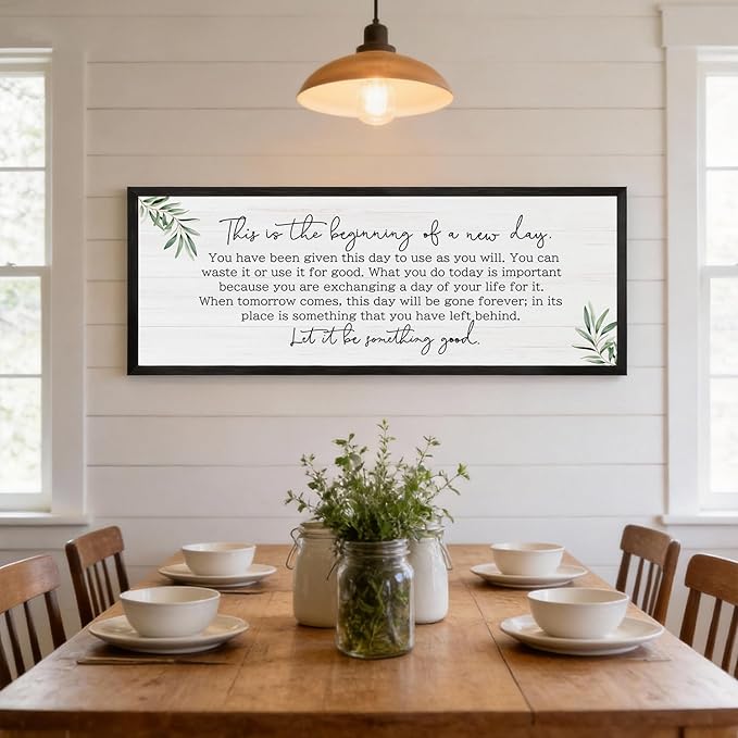 The Beginning of a New Day Wall Art – 40x15 Inch Wooden Framed Inspirational Sign with Motivational Message, Large Rustic Wood Frame Wall Decor for Living Room, Office, Entryway, Black
