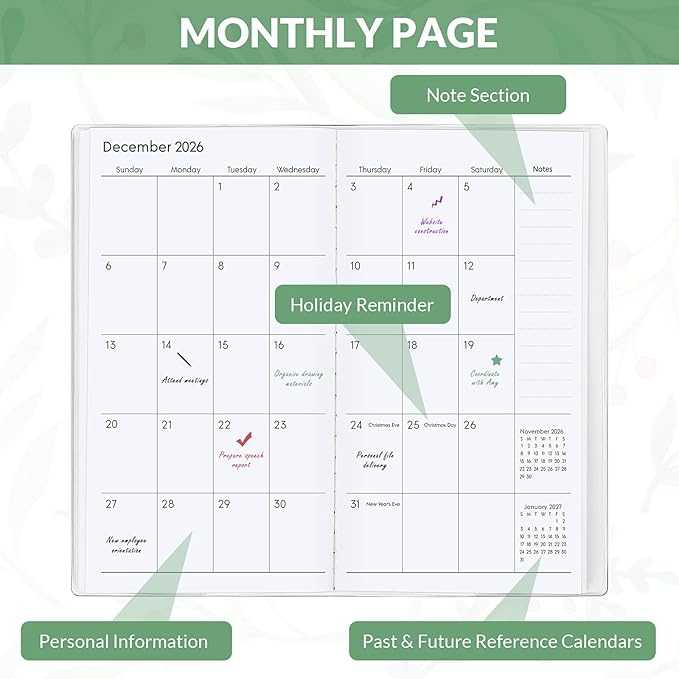 Pocket Calendar 2026-2027, Green Monthly Planner 2026-2027 - 3.7" x 6.7" - Runs from January 2026 Until December 2027, 2026 Pocket Calendar with PVC Cover for Organizing & Planning