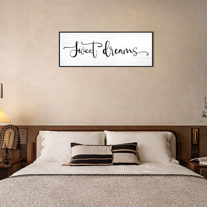 Sweet Dreams Wall Decor Above Bed: 40x15 Inch Framed Canvas Bedroom Wall Art, Farmhouse Bedroom Sign Rustic Hanging Plaque for Master/Guest Room Modern Home Decor