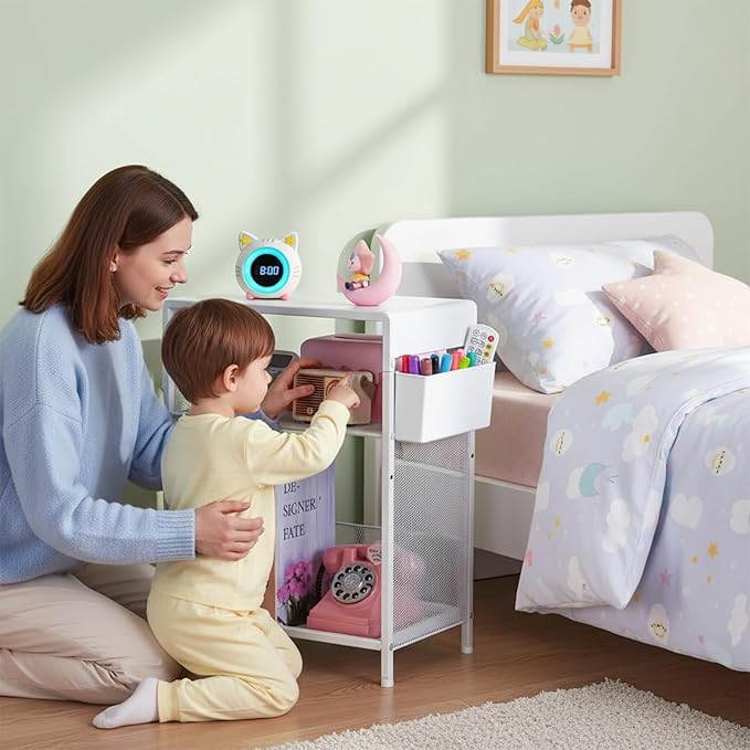 Kids Nightstand, 3-Tier Metal Side Table with Adjustable Storage Shelf, Basket & 3 S-Hooks, Small Bedside Table for Nursery, Toddler Bedroom and Small Spaces (White)