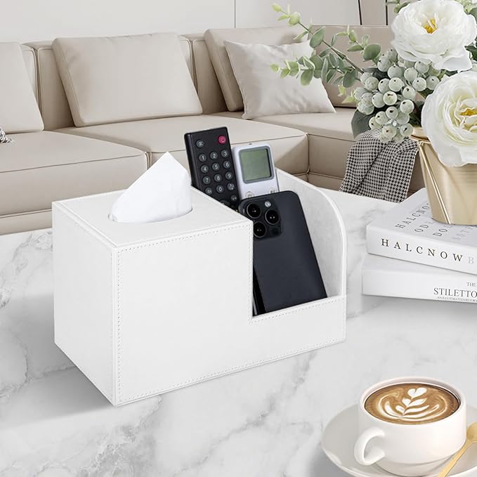 PU Leather Tissue Box Cover with Remote Control Holder, Square Tissue Box Holder for Living Room Bathroom Office (Cream-White)
