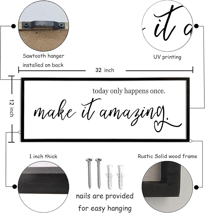 flowtorely Motivational Wall Decor Today Only Happens Once Make It Amazing Sign 32"X12" Inspirational Quote Positive Plaque Large Vintage Wood Frame for Office Encouragement Wall Hanging Art (Black)
